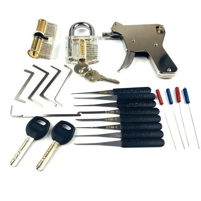 New Locksmith Tools,Lock Gun with Transparent Practice Locks Broken Key Extractor Pick Tool ,Great Lock Pick Practice Set