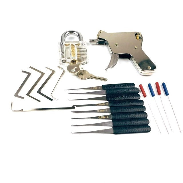 New Locksmith Tools,Lock Gun with Transparent Practice Locks Broken Key Extractor Pick Tool ,Great Lock Pick Practice Set