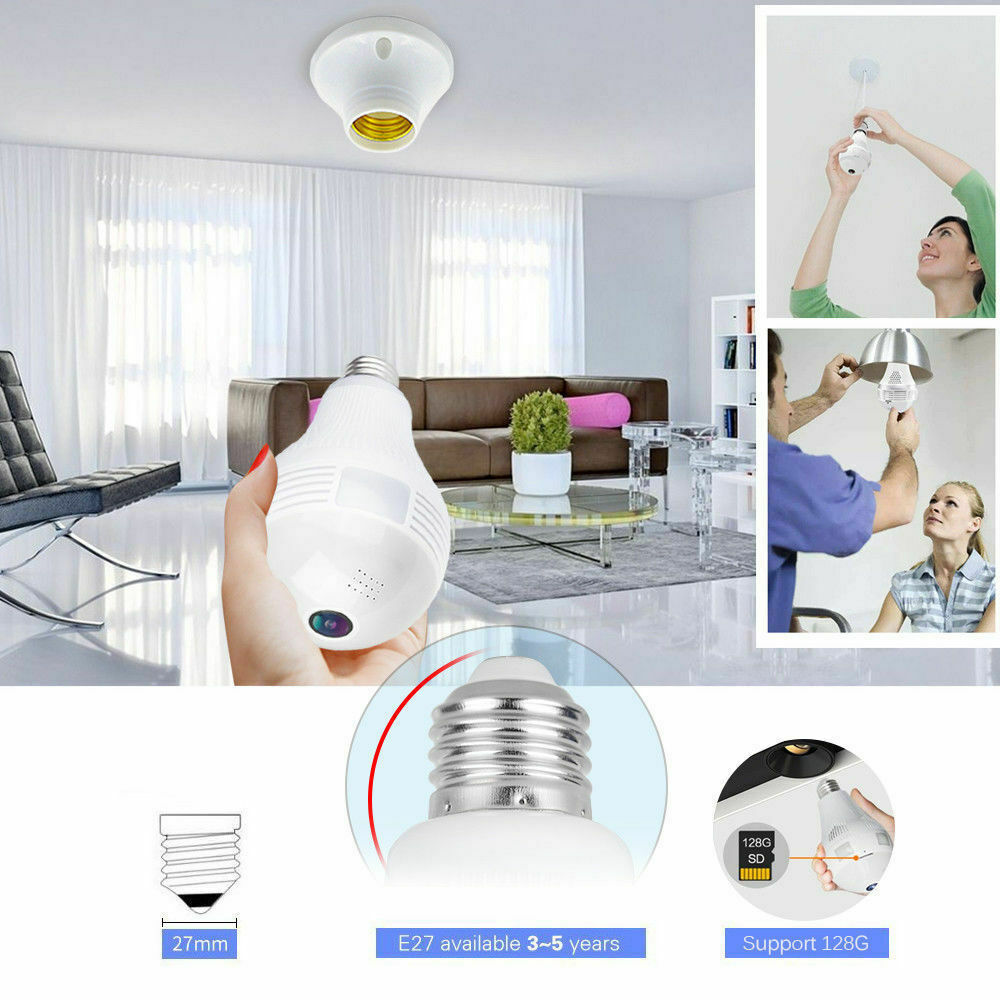 1080P HD WiFi IP Camera 360° VR Panoramic Fisheye Bulb Light Panoramic Cam Home Security Security WiFi Fisheye Bulb Lamp