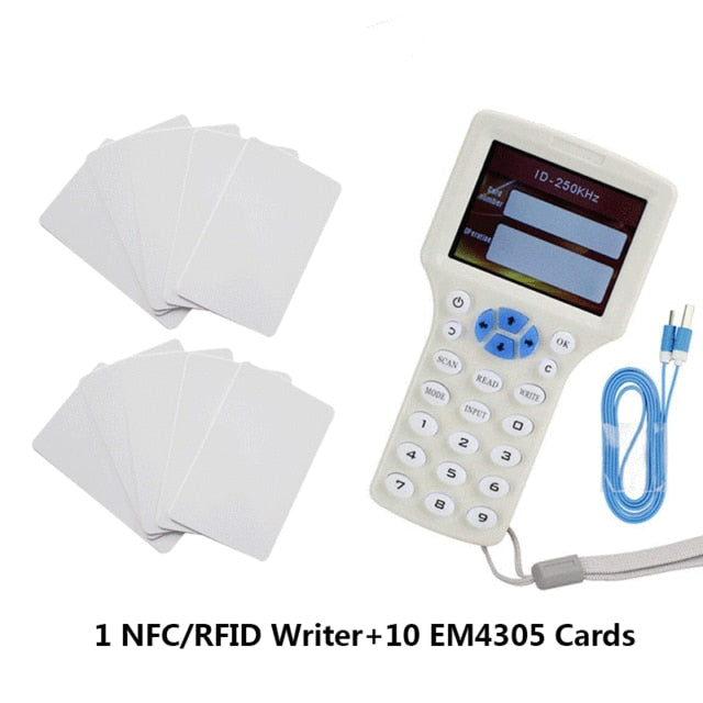 English 10 Frequency RFID Reader Writer Copier Duplicator IC/ID  with USB Cable for 125Khz 13.56Mhz Cards LCD Screen Duplicator