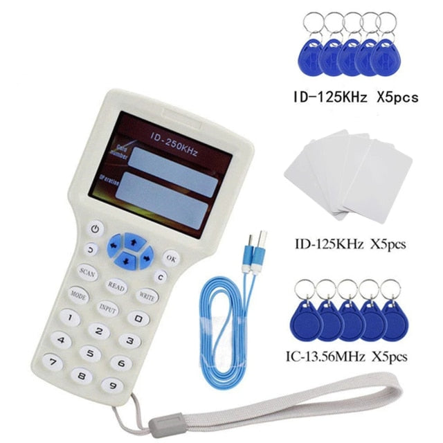 English 10 Frequency RFID Reader Writer Copier Duplicator IC/ID  with USB Cable for 125Khz 13.56Mhz Cards LCD Screen Duplicator